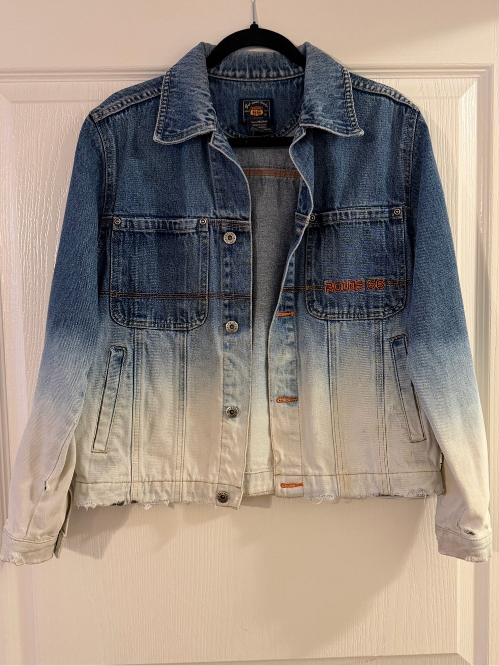Route 66 Distressed Ombre Blue and White Denim Jacket